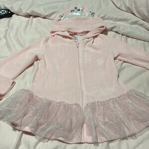 Kate Mack 6x Pink Hooded Ruffle Jacket with crown and tulle sparkle peplum euc